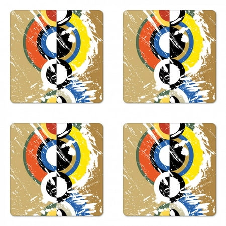

Art Coaster Set of 4 Abstract Geometric Grunge Circles Triangles with Paint Strokes Trippy Design Square Hardboard Gloss Coasters Standard Size Multicolor by Ambesonne