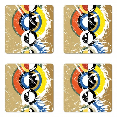 

Art Coaster Set of 4 Abstract Geometric Grunge Circles Triangles with Paint Strokes Trippy Design Square Hardboard Gloss Coasters Standard Size Multicolor by Ambesonne