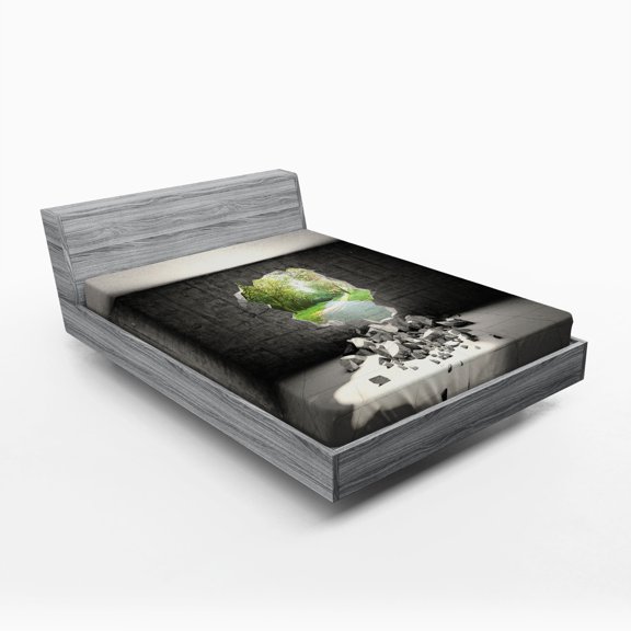 Grey Fitted Sheet, Concrete Room with a Hole in the Wall and Exit to Freedom Escape Destruction Theme, Soft Decorative Fabric Bedding, Queen Size, Grey Green, by Ambesonne