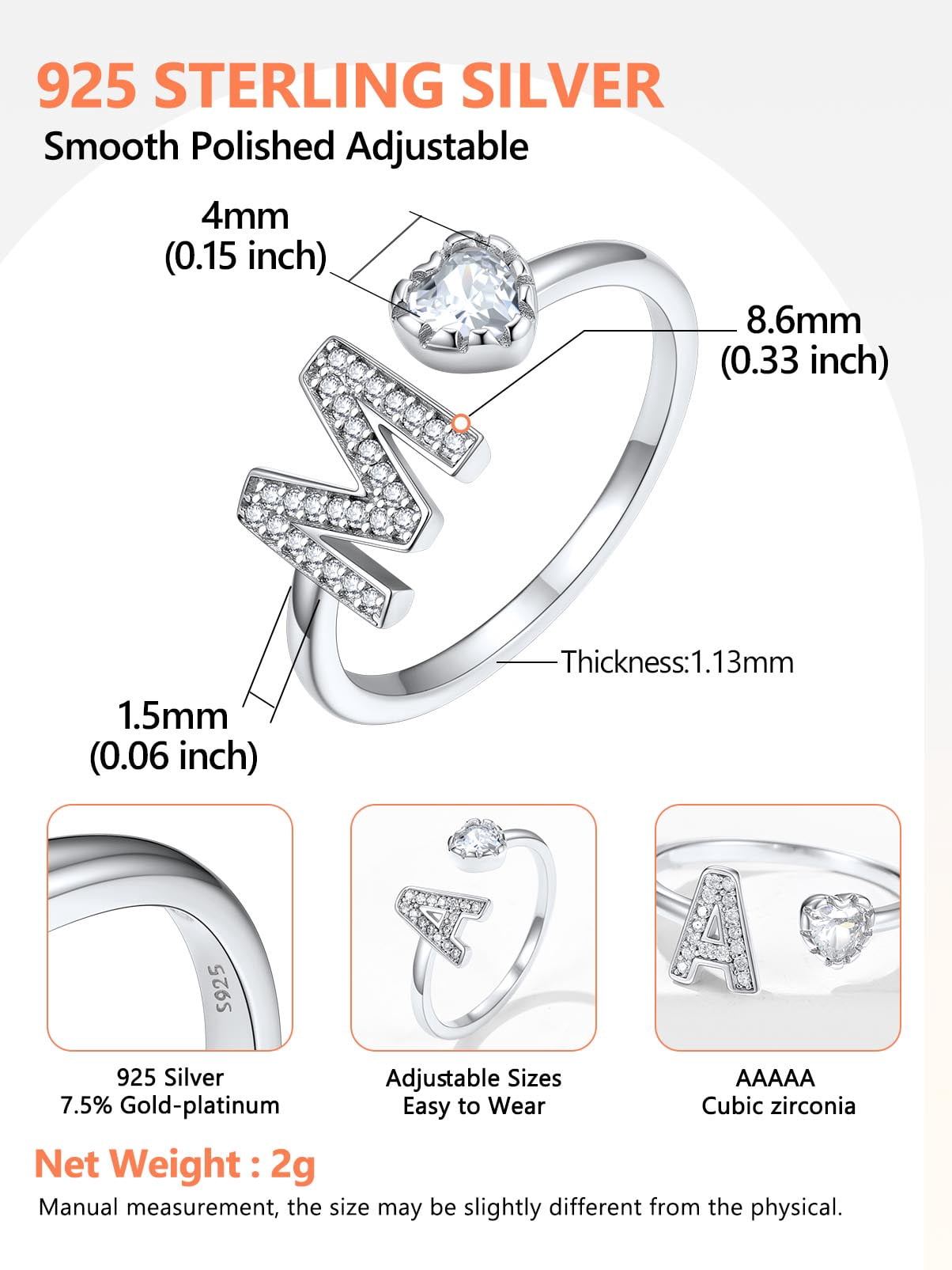 Silvora Sterling Silver Heart Open Ring for Women with Cubic Zirconia, Engagement Wedding Jewelry, Size M