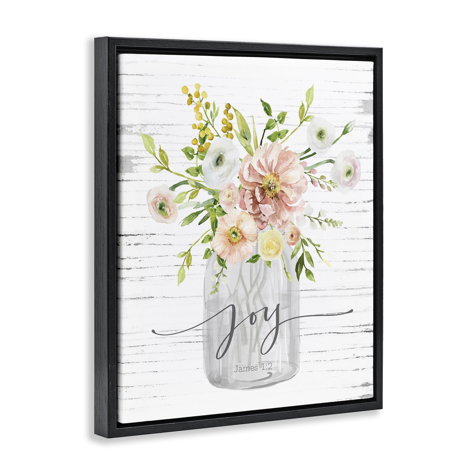 Stupell Industries Joy Mixed Bouquet Religious Painting Black Floater Framed Canvas Art Print Wall Art, 17 x 21