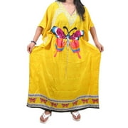 Mogul Women Maxi Kaftan Yellow Butterly Print Long Housedress XXL