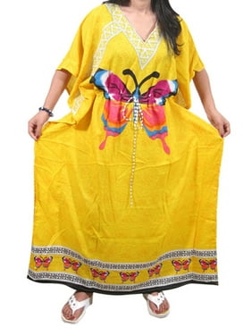Mogul Women Maxi Kaftan Yellow Butterly Print Long Housedress XXL