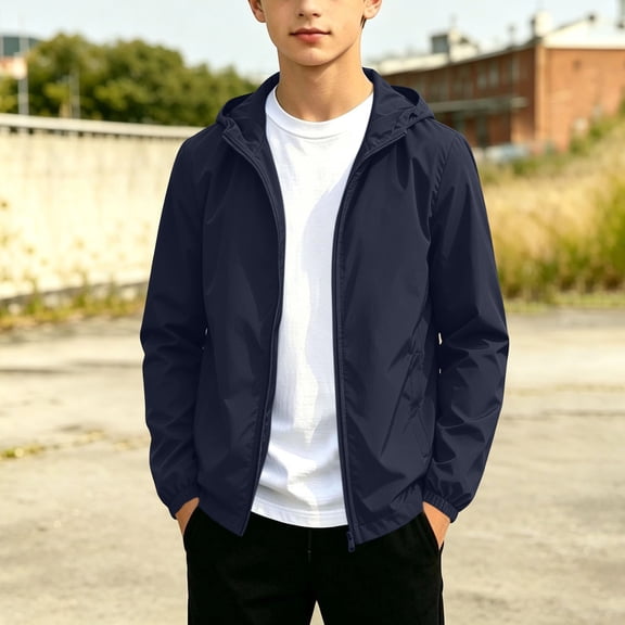 VEKDONE Big Boys Girls Lightweight Windbreaker Kids Hooded Full Zip Jacket Windproof Outdoor Casual School Active Outerwear Navy,12-13Years