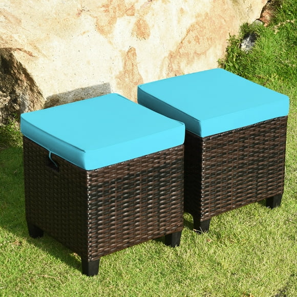 Gymax Ensemble de 2 Poufs Repose-Pieds en Rotin pour Patio Jardin Extérieur avec Coussin Turquoise
