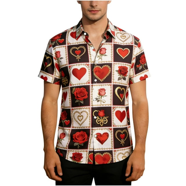 Chemise Unisexe à Manches Courtes avec Imprimé de la Saint-Valentin, Chemise Décontractée Boutonnée Assortie pour Couples avec Col Rabattu, Haut Graphique Coupe Régulière en Tissu Léger et Respirant pour Cadeaux des Fêtes et Sorties à Thème