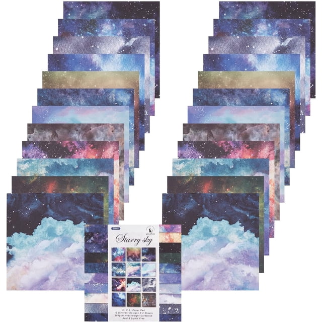 Bloc de papel con 12 diseños, paquete de 24 hojas de papel de una sola cara con temática de cielo estrellado, fondo de álbum, cartulina y papel para manualidades.