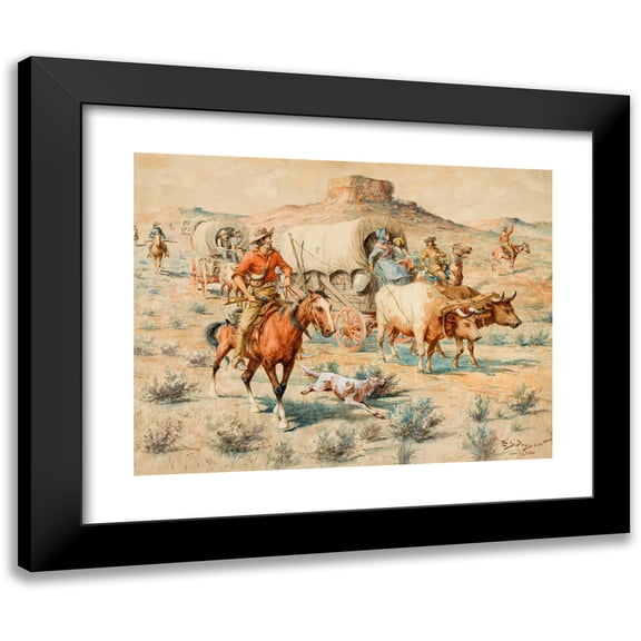 Edgar Samuel Paxson 14x12 Black Modern Framed Museum Art Print Titled - Untitled (Wagon Train) (1903)