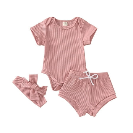 

Binmer Toddler Baby Girl Summer Solid Short Color Sleeve Rompe + Pants+Headband Suit