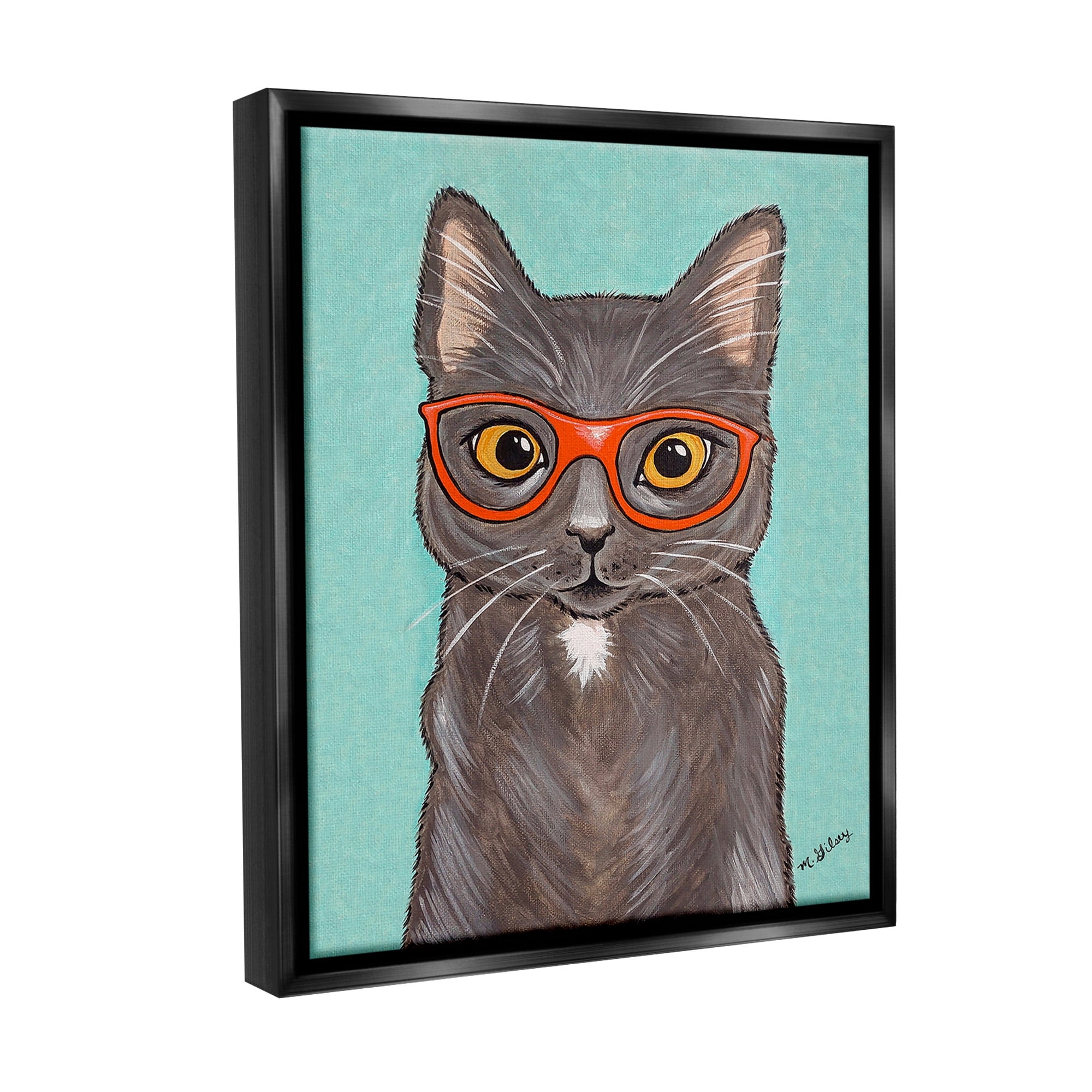Stupell Industries Hipster Cat Red Glasses Animals & Insects Painting Black Floater Framed Canvas Art Print Wall Art, 25 x 31