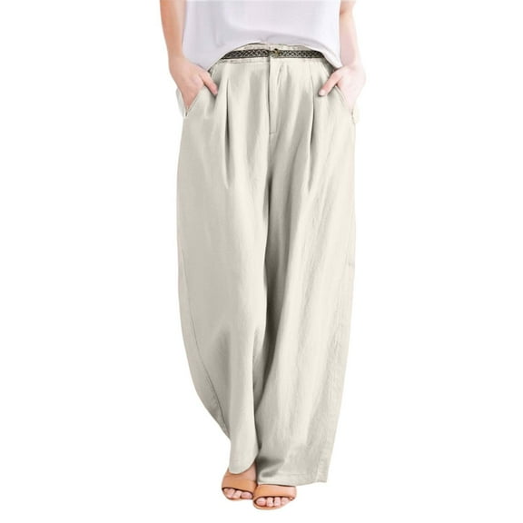Dpytoraw Retro Embroidered Linen Wide Leg Pants For Women Summer Casual Trousers With Comfortable Draping Style Women's Casual Pants With Pockets Beige L