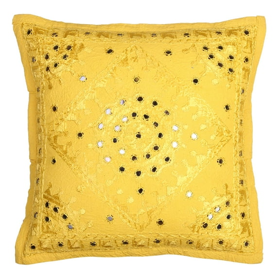 Stylo Culture Indian Chair Seat Throw Pillow Cover 16 x 16 Hand Embroidered Yellow Boho 40cm x 40cm Home Decor Cotton Mirrored Square Cushion Cover | 1 Pc
