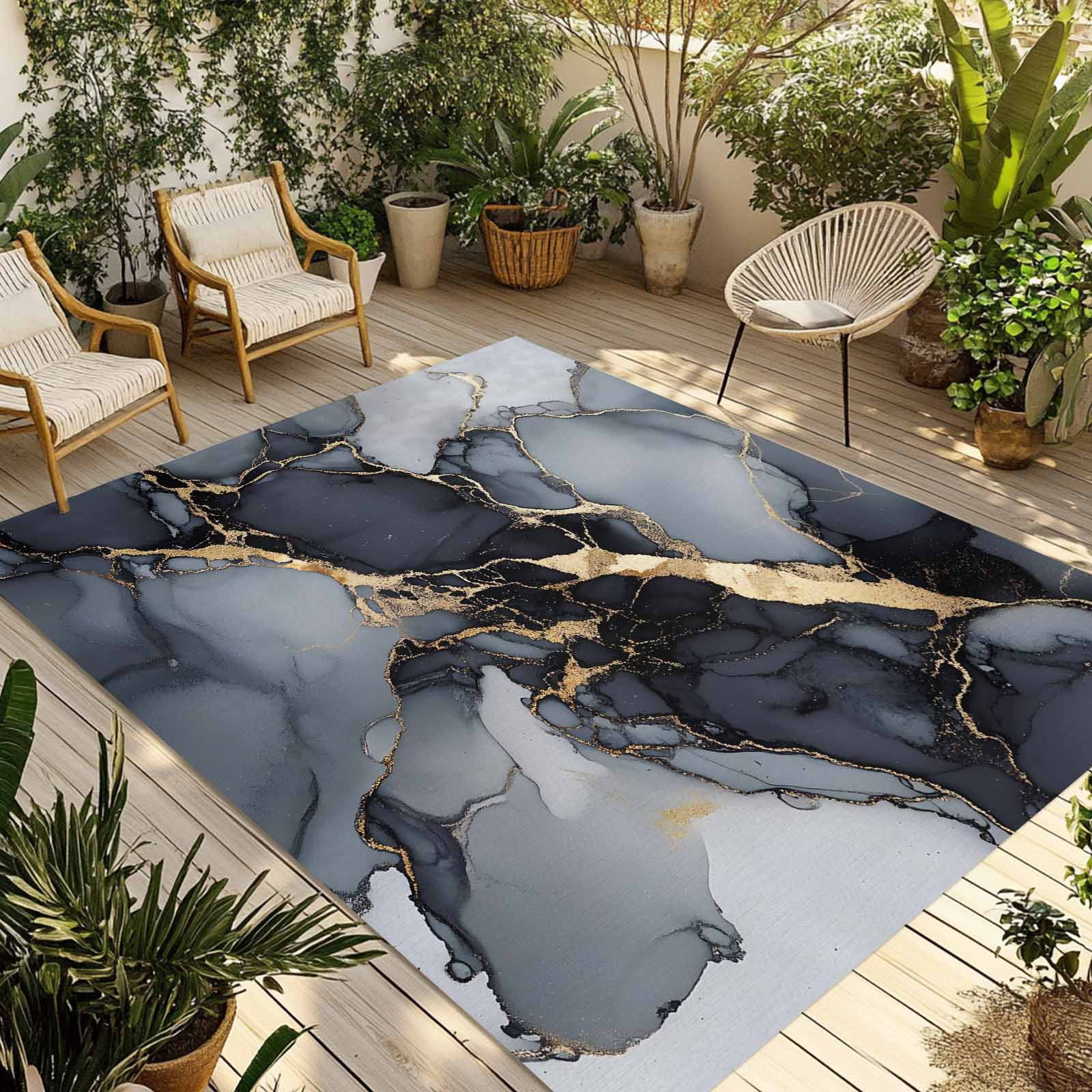 Outdoor Rug 5x8ft Ombre Black Marble Texture Large Area Rug Gold Waves Abstract Indoor Outdoor Carpet Outdoor Rugs Mats for Patio Camping,RV,Front Door, Outside Decor