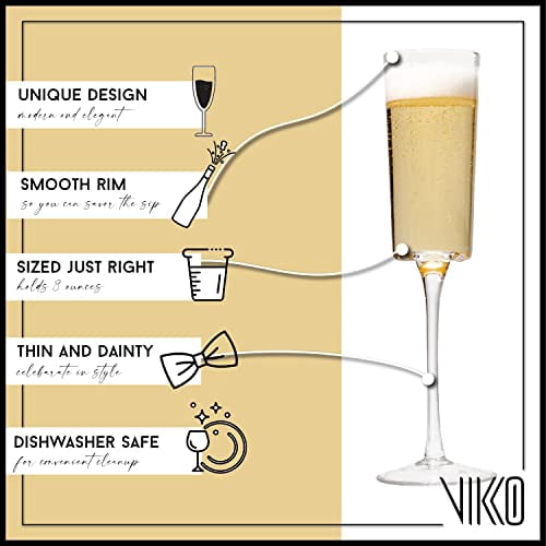 Vikko Champagne Flutes, Large 8 Oz Capacity, Crystal Clear Champagne Glasses, Set of 4 Elegant Sparkling Wine Glasses