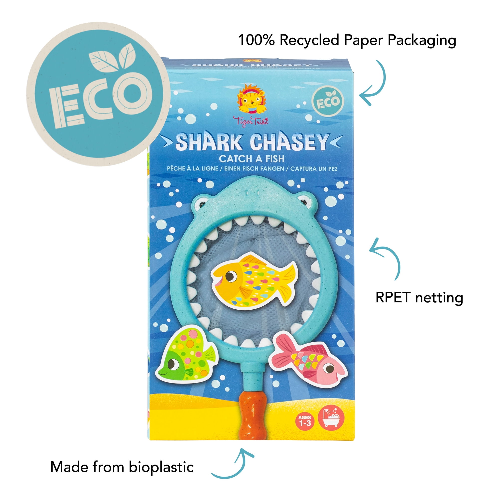 Tiger Tribe: Shark Chasey - Eco-Friendly Bath Toy for Toddlers, Bioplastic Shark Net & Fish Set, Develops Motor Skills, Ages 1-3