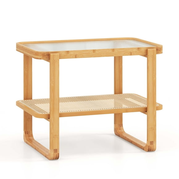 Mesa auxiliar Costway 2 niveles con tablero de cristal y Estante de Ratán Natural