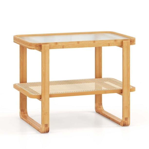 Mesa auxiliar Costway 2 niveles con tablero de cristal y Estante de Ratán Natural
