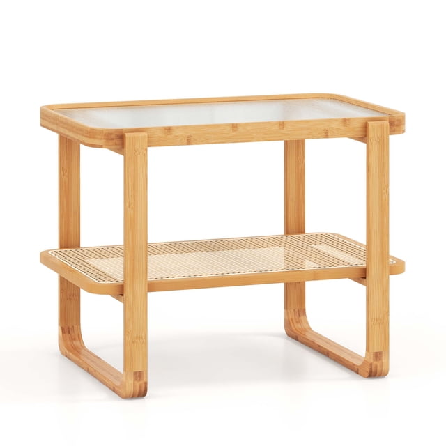 Mesa auxiliar Costway 2 niveles con tablero de cristal y Estante de Ratán Natural