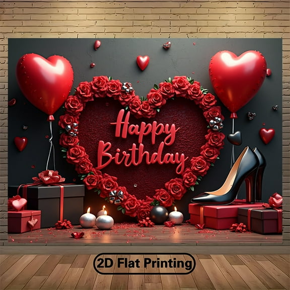 Happy Birthday Backdrop Red Rose Heart Balloons Birthday Photography Background for Women Black Heels Valentine's day Birthday Party Decorations Banner Supplies Photo Booth Props