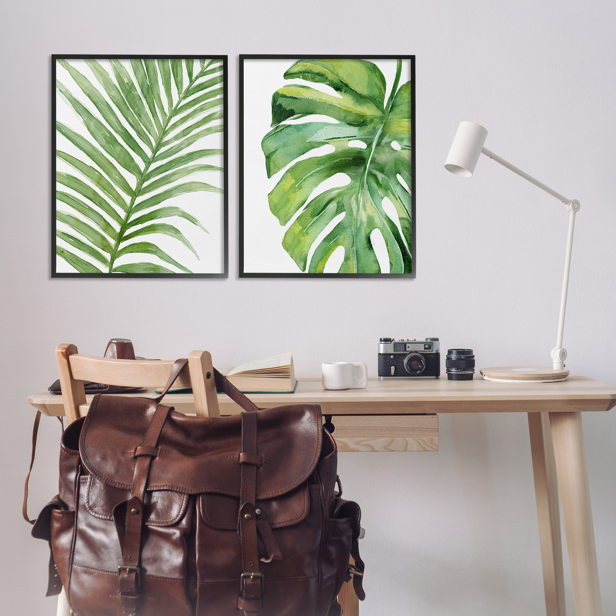 Stupell Industries Minimal Tropical Green Palms Botanical & Floral Painting Black Framed Art Print Wall Art, 24 x 30, Set of 2