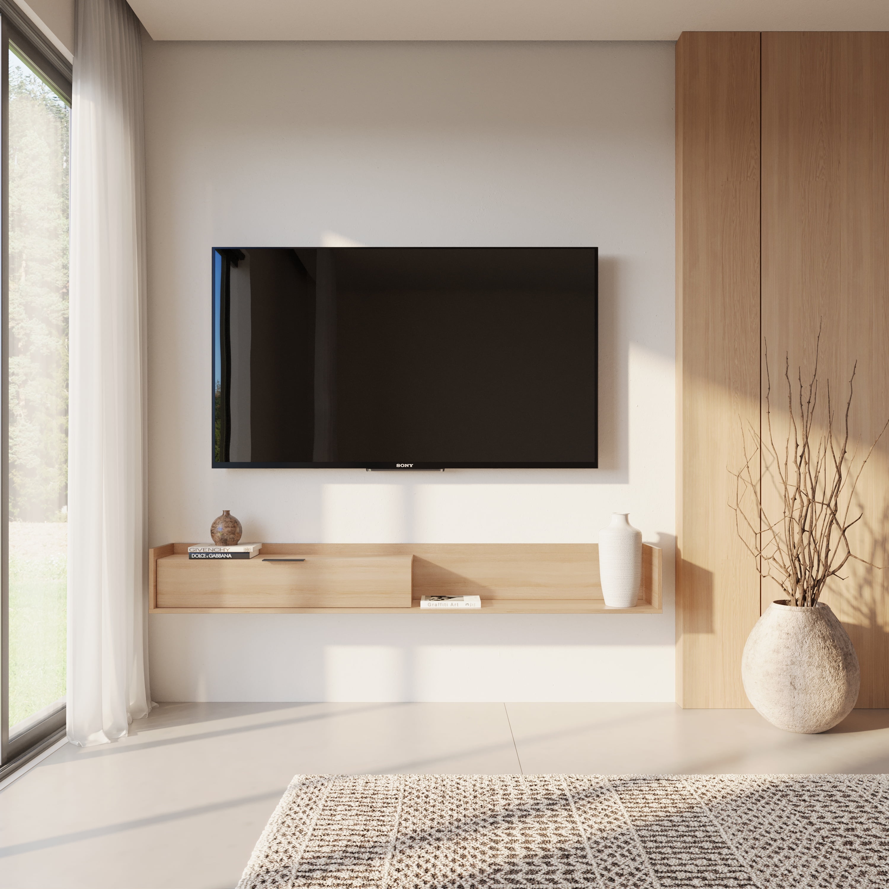 Meuble TV mural Nexera Slim 72 po avec armoire de rangement, chêne blond naturel