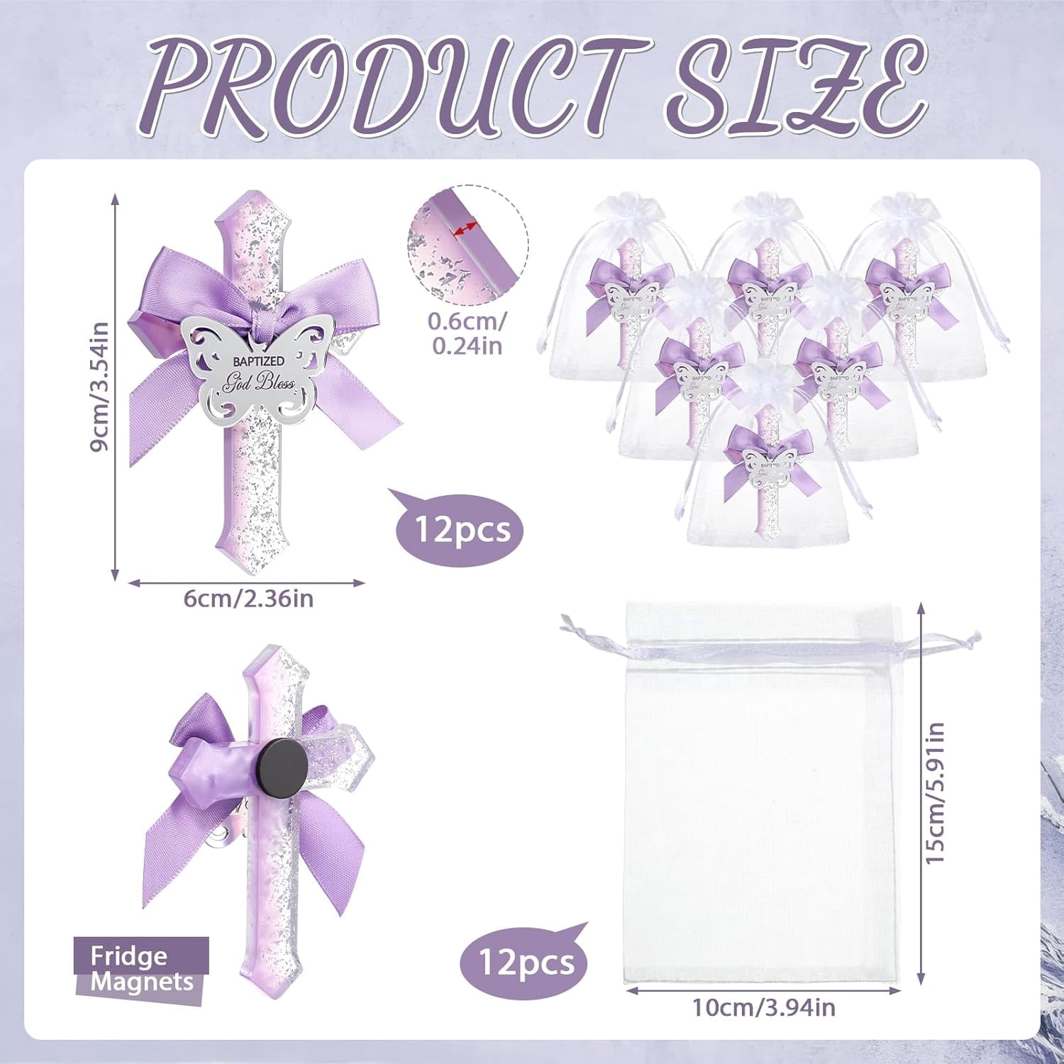 12 Pcs Baptism Favors for Guests Epoxy Cross Fridge Magnets First Communion Cross with Flower Christian Souvenirs Gift for Baptism Christening Baby Shower Party Family Gathering (Purple)