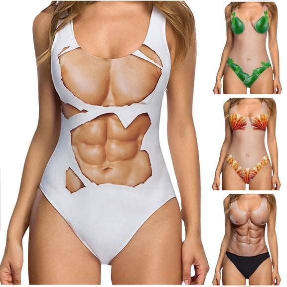 Tqyyweavej One Piece Funny Swimsuit Women Novelty Sleeveless Bathing Suits Tummy Control Flattering Body Print Beach Swimwear S-2XL