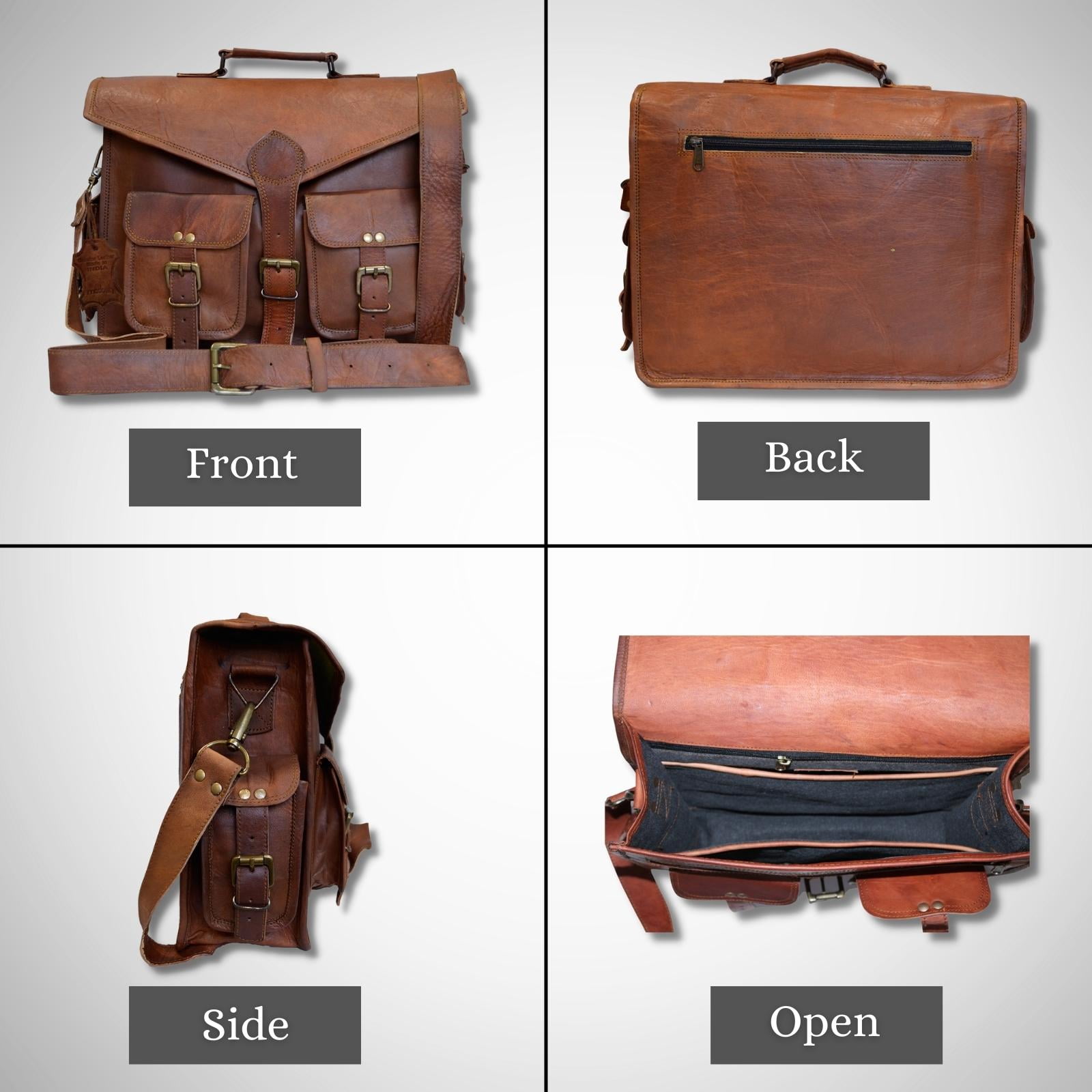 Sacoche Messager En Cuir Véritable Pour Homme - Fabriqué Main En Inde - Taille M - Marron - Parfait Pour Ordinateur Portable