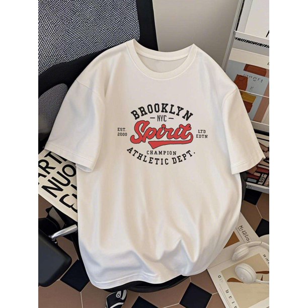Camiseta gráfica Brooklyn Spirit para hombre - 100 % algodón, talla regular, estilo urbano Y2K, manga corta, corte holgado informal, lavable a máquina, diseño deportivo.