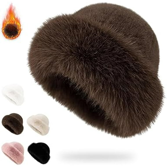 2026 New Faux Fur Winter Bucket Hat for Women, Fluffy Wide Brim Fisherman Cap, Warm & Cute Plush Snow Hat（Brown）（XX）