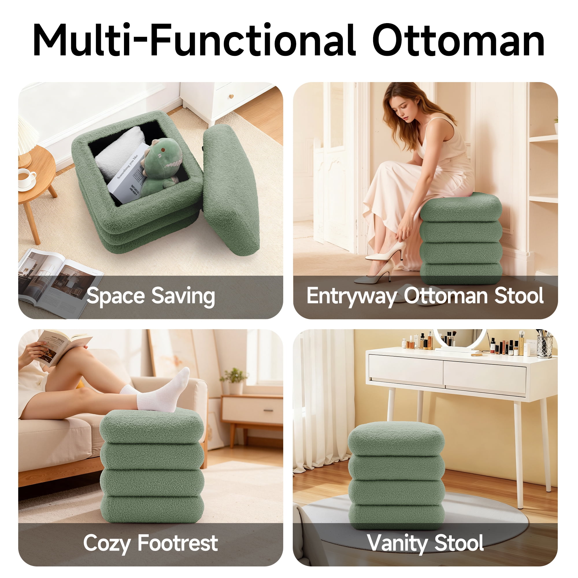 Korser Square Ottoman with Storage Set of 2,Upholstered Teddy Vanity Stool for Living Room,Bedroom,Green