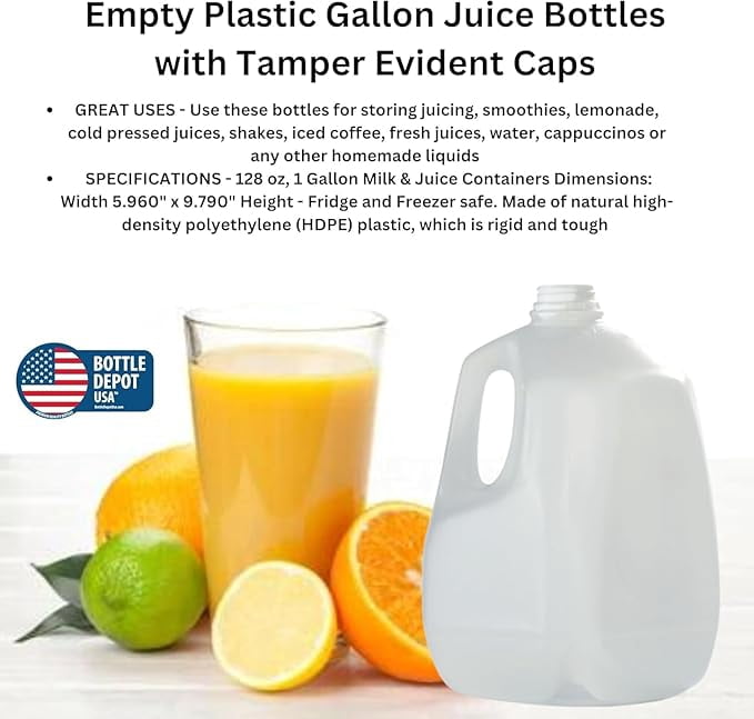 (8 PACK) 128 Oz Empty Plastic Gallon Juice Bottles with Tamper Evident Black Caps - Smoothie Bottles - Ideal for Juices, Milk, Smoothies, Picnic's and Even Meal Prep - Made in USA