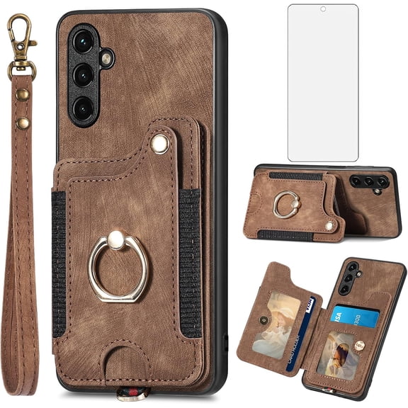 Phone Case for Samsung Galaxy A54 5G Wallet Cover with Tempered Glass Screen Protector and Wrist Strap Lanyard RFID Credit Card Holder Ring Stand Cell Accessories A 54 54A SM A546U 2023 Women Brown