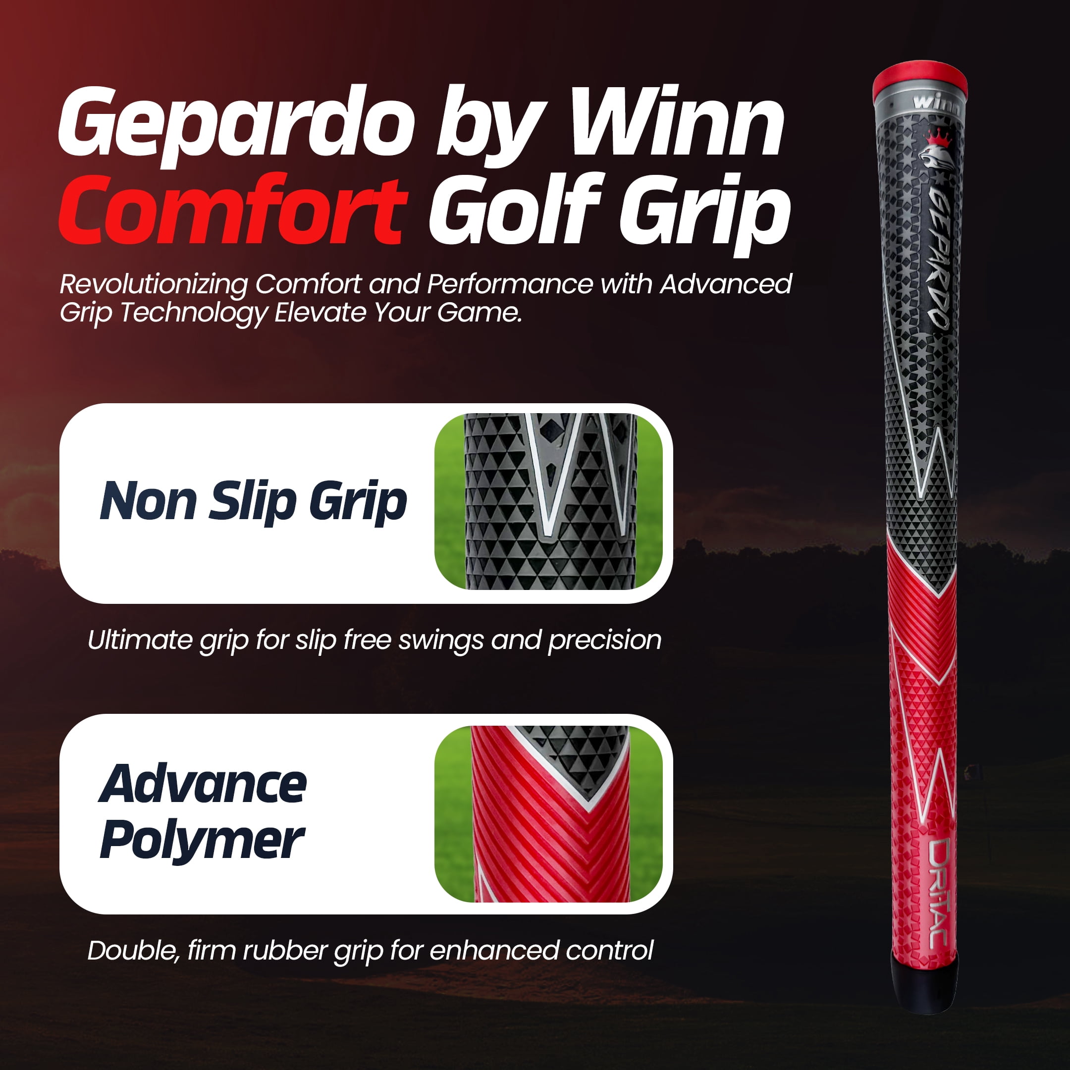 GEPARDO DRI-TAC STANDARD Golf Grip SET OF 13 by Winn Moisture-Wicking & Shock Absorption, GD-5WG-GRD- Red, Hand Alignment & Lighter Grip Pressure, Tacky in All Weather, High-Performance Polymer
