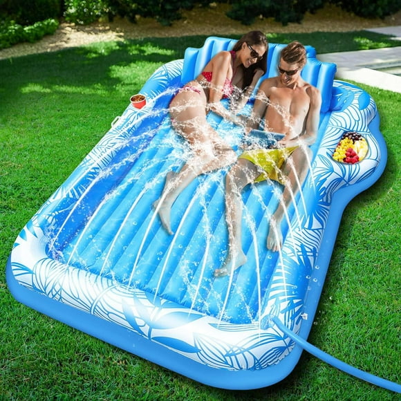 83" X 63" Extra Large Inflatable Tanning Pool Float Lounger with Sprinkler, Pool Float Adults with Pillow & Drink Holder, Blow up Water Tanning Bed Pool Raft Floatie for