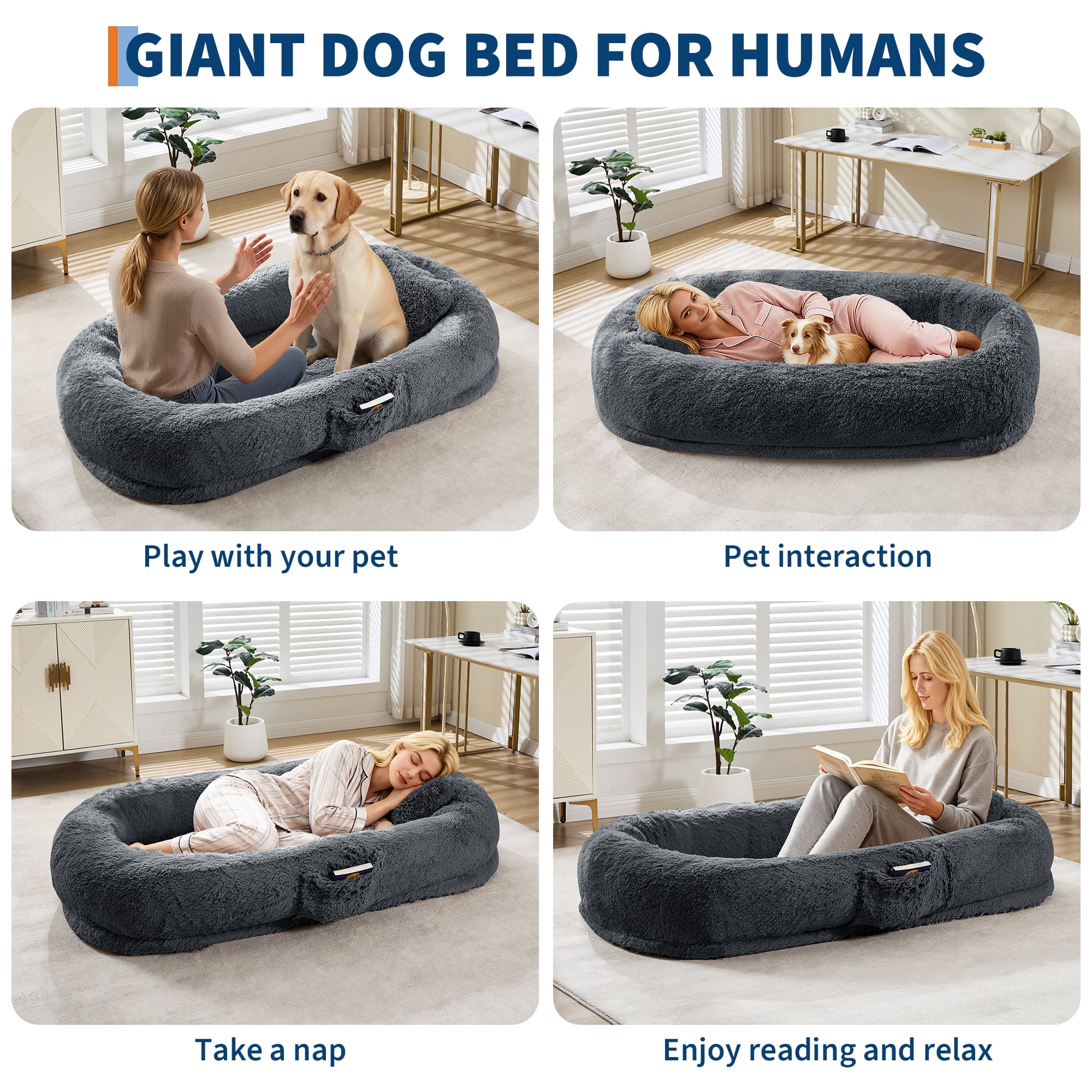 Huisuilinss 67" Human Dog Bed For Adult & Pets,Removable Faux Fur Dog Bed With Pillow,Side Pockets,Egg-Shaped Orthopedic Foam,Human Sized Dog Bed For Living Rooms Bedrooms Offices