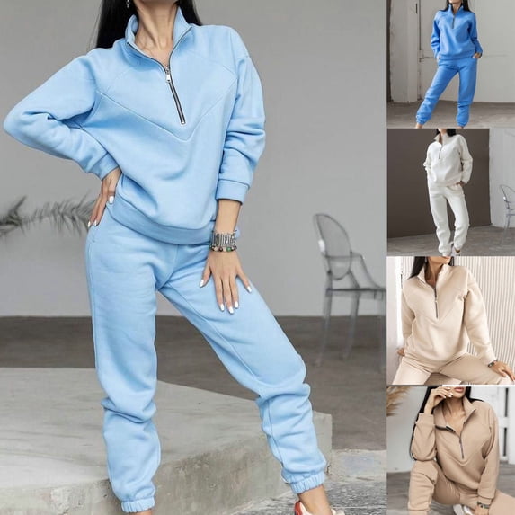 Dengjunhu Women's 2 Piece Autumn Outfits Sweatsuit Casual Loose Warm Stand Collar Elastic Waist Lady Autumn Tracksuit Set