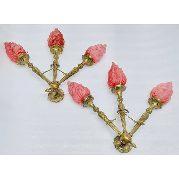 Pair Of Antique Vintage Art Deco Nouveau Brass & Red Glass Shades (Mashaal) Light Wall Sconces Lamp Fixture