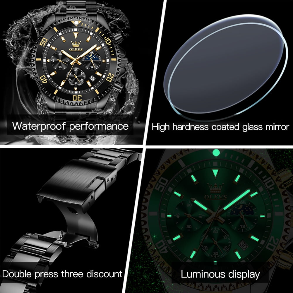 OLEVS Watches for Men Luxury Analog Quartz Chronograph Business Dress Gold Plated Stainless Steel Moon Phase Waterproof Luminous Date Casual Mens Wrist Watches Reloj Para Hombre