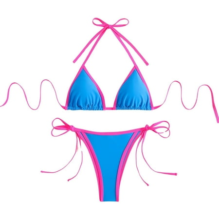 JIANJIA Womens Swimsuits Solid Color Sexy Lace Up Halter Brassiere With Thongs Split Swimsuit Two Piece Bikinis Swimwears Holiday Wear Blue S
