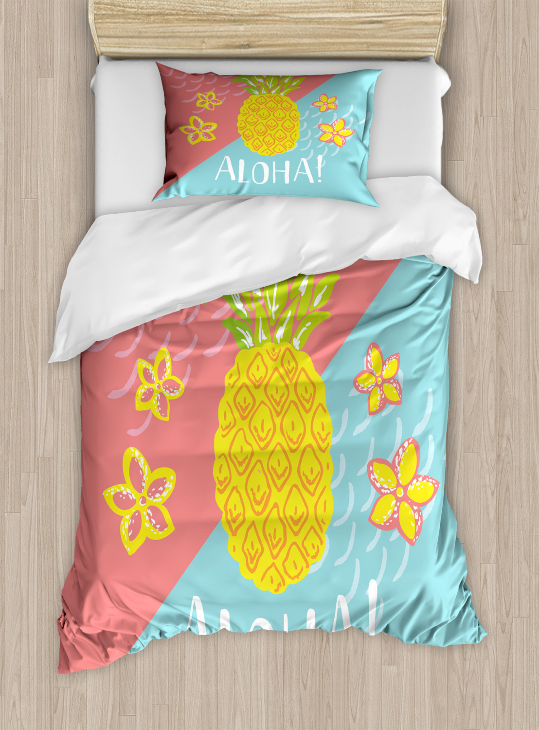 Aloha Duvet Cover Set Twin Size, Flowers and Pineapples with