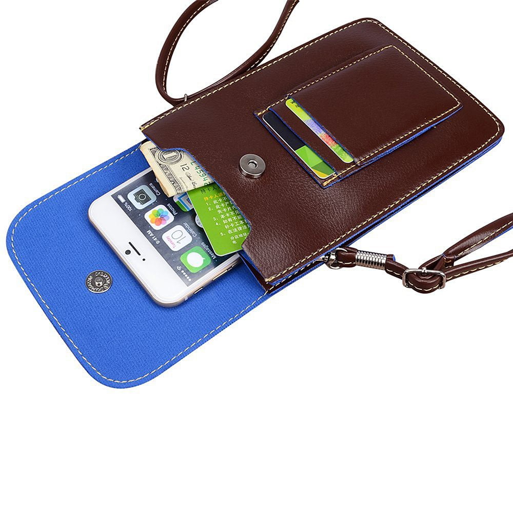 BUNDLE: Vegan Leather Vertical Crossbody Smartphone Pouch Wallet (Brown) & Deluxe Stereo Hands-Free Headset (Pink) - for Smartphones up to 6.5-inch, Shoulder Strap, Headphones w/ Microphone