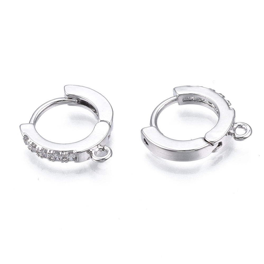 40pcs Brass Micro Pave Cubic Zirconia Huggie Hoop Earring Findings with Horizontal Loop Nickel Free Clear Platinum 13.5x12x2.5mm Hole: 1mm Pin: 0.8mm