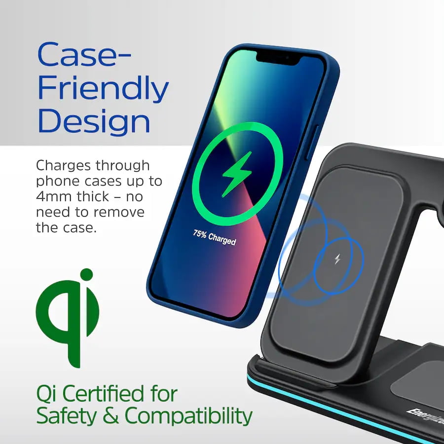 Energizer 3 in 1 15W Foldable Qi Certified Wireless Charging Station for Phone Earbuds and Apple Watch Black