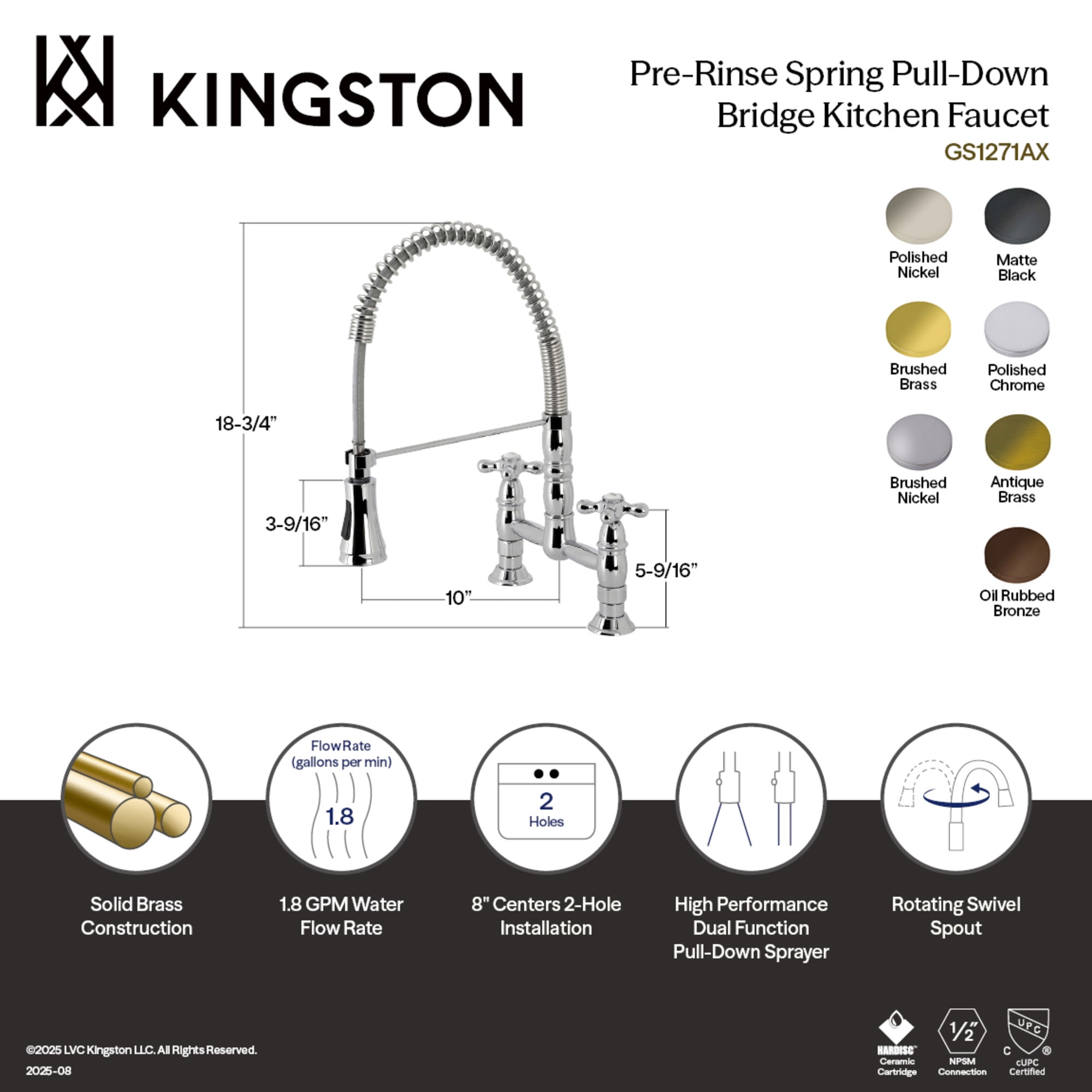 Kingston Brass GS1277AX Heritage Double-Handle 2-Hole Deck-Mount Pre-Rinse Bridge Kitchen Faucet in Brushed Brass