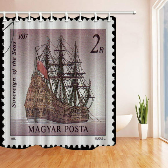 RYLABLUE Stamp Decor A Ship on Sea of Magyar 2Ft Polyester Fabric Bathroom Shower Curtain 66x72 inches