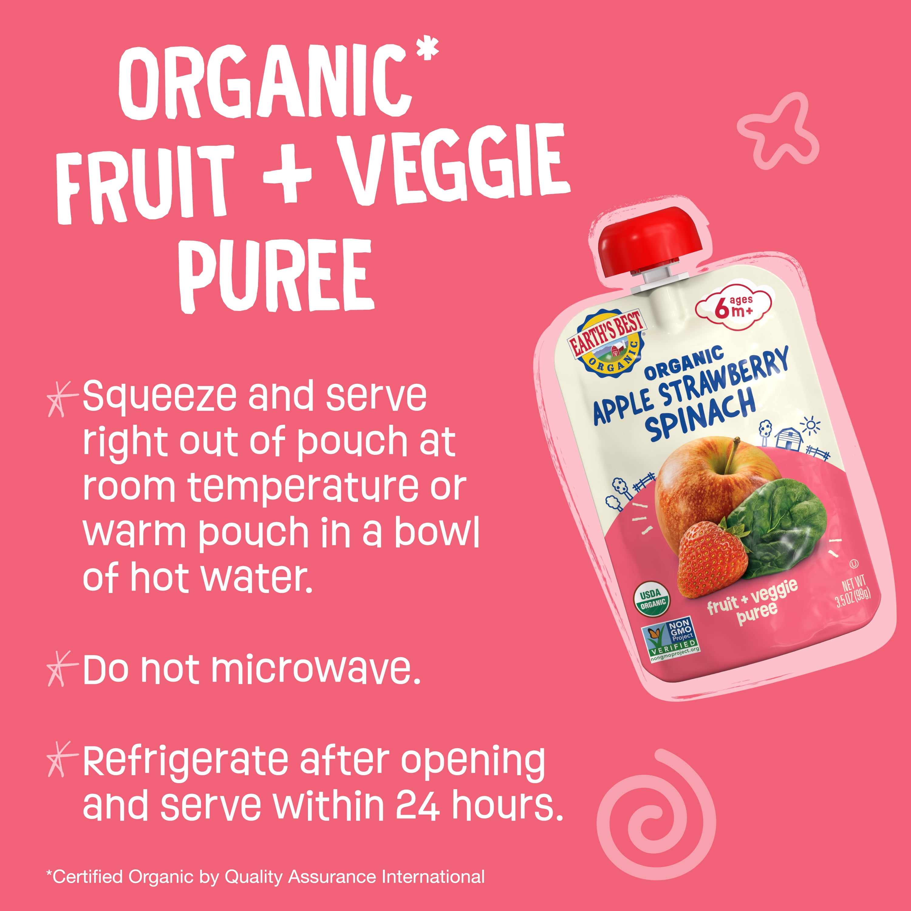 (2 pack) Earth's Best Organic Stage 2 Baby Food, Apple Strawberry Spinach Fruit & Veggie Puree, 3.5 oz Pouch