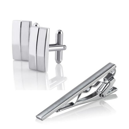 Zodaca Mens Metal Silver Tone Simple Necktie Tie Bar Clasp Clip+Cufflinks set
