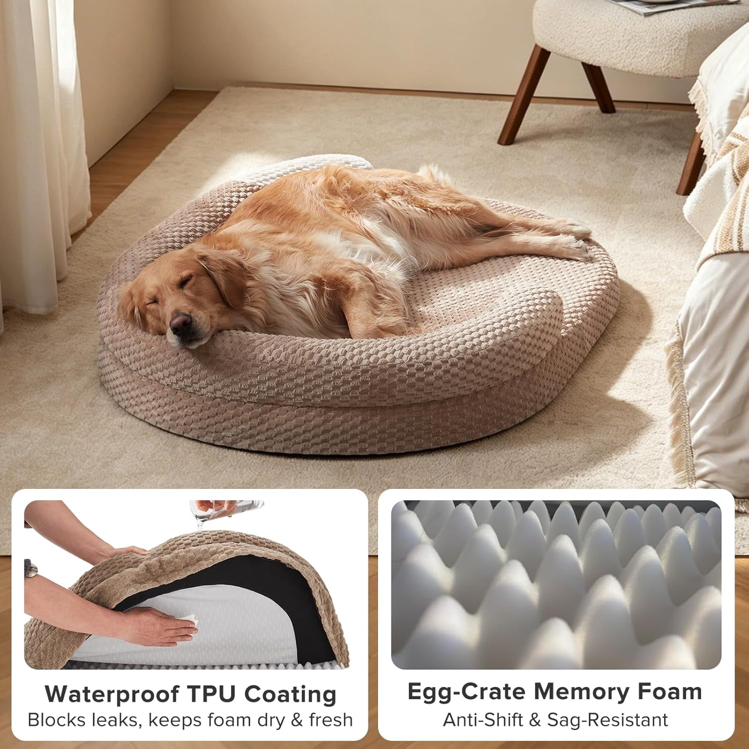XL Orthopedic Dog Beds Large Sized Dog, Extra Large Washable Waterproof Oval Large Dog Bed with Removable Cover, Egg-Crate Foam Pet Bed with Bolster & Non-Skid Bottom, Dark Grey, 42''x31''