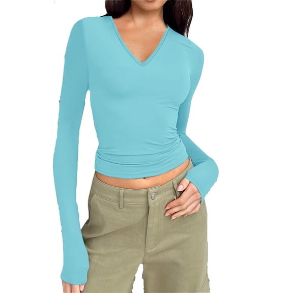TMOYZQ Womens Long Sleeve Shirts Fall Fashion Outfits 2024 Winter Basic Layering Slim Fitted Workout Tops Casual V-Neck Tunics Stretchy Tee Shirts Blouse